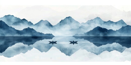 湖面舟影与远山水墨意境