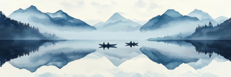 湖面舟影与远山水墨意境