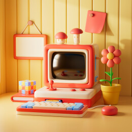 卡通风格的黄色木头小屋游戏电脑书房