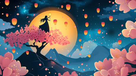 樱花和夜空上的天灯唯美纸艺风景