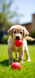 金毛幼犬玩红球