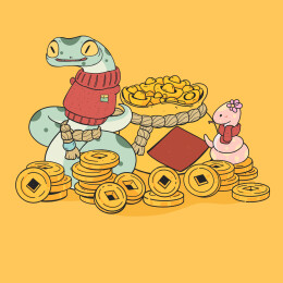 十二生肖蛇拉钱袋黄色背景