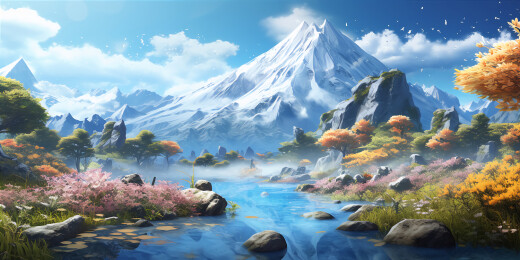 高山河流树木风景插画