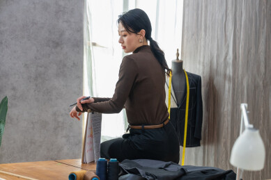 一位青年女服装设计师在工作室里认真工作