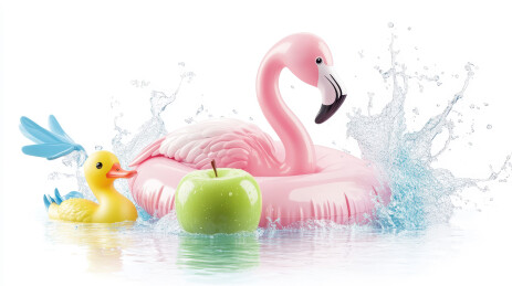 粉色火烈鸟充气圈与小黄鸭