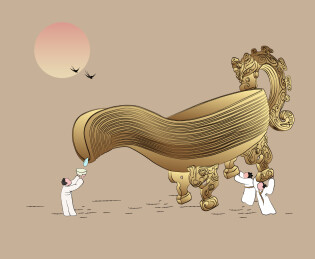 古风倒水古人生活青铜器齐侯匜矢量手绘插画