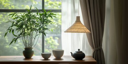 中式植物陶瓷桌面茶具室内场景