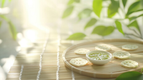 阳光下的竹席与茶叶