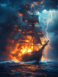 暴风雨中燃烧的帆船闪电划破黑暗海面