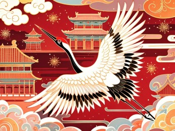 红鹤飞翔于中国传统建筑之上