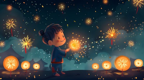 儿童放烟花拿灯笼庆祝新年的插画