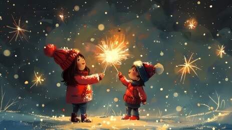 儿童放烟花拿灯笼庆祝新年的插画