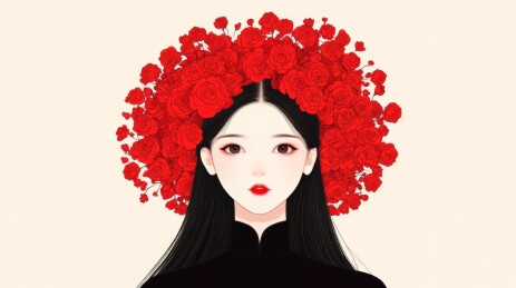 红玫瑰花环女子画像