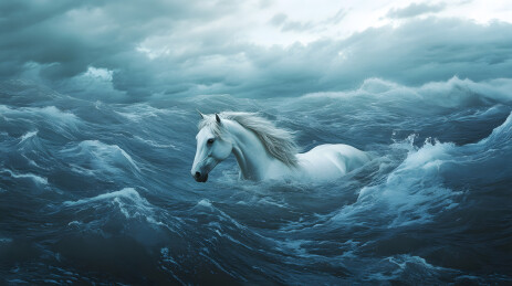 暴风雨中的白马奔腾在海浪之上