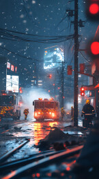 暴雪夜城市消防救援行动