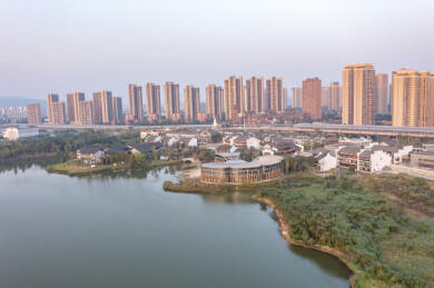 航拍湖南长沙洋湖湿地公园落日风光