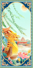 国潮春天龙舟游船插画