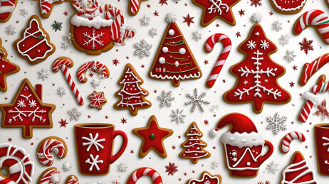 红色背景卡通圣诞姜饼人和圣诞老人