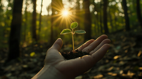手捧萌芽幼苗植树种植