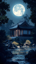 月光下的中国式庭院建筑