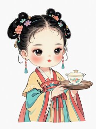 古风可爱少女品茶插画