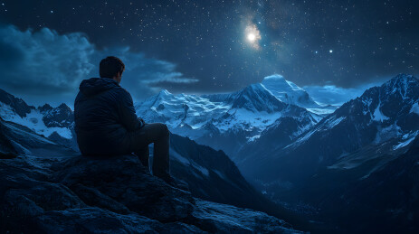 夜空星辰下孤独的登山者