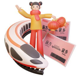 回家过年的女孩和高铁和车票春节春运插画