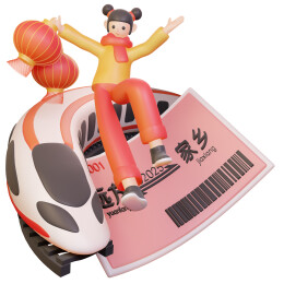 回家过年的女孩和高铁和车票春节春运插画