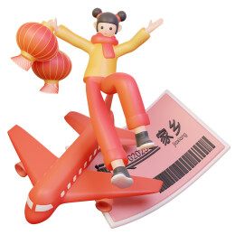 回家过年的女孩和飞机和车票春节春运插画