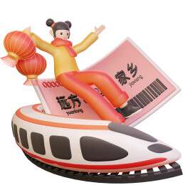 回家过年的女孩和高铁和车票春节春运插画