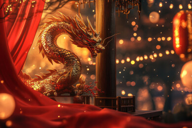 闪耀的3D黄金神龙和红布年货节背景壁纸