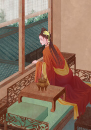 古风汉服古装女人床上床榻桌子熏香炉花架子