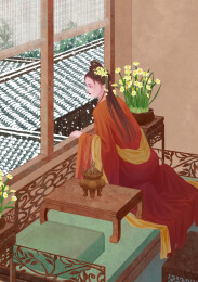 下雪红衣古风汉服古装女人水仙花室内窗户床