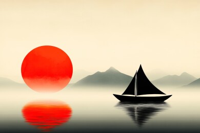 落日余晖下的孤帆