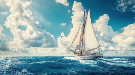 海上帆船对天的低角度视图