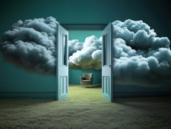 一扇通往云端的门的超现实图像