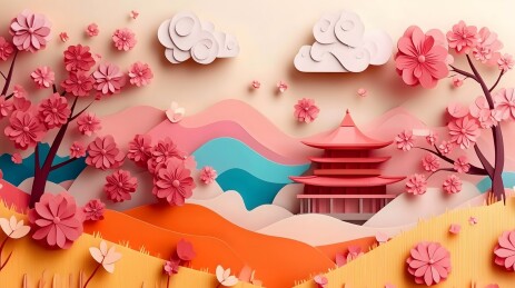 春日樱花与层叠山峦