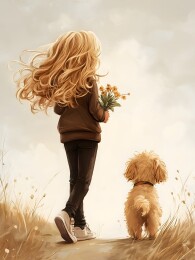 女孩与爱犬漫步田野