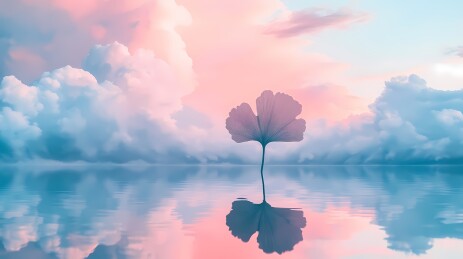 粉蓝色叶子湖水风景插画海报背景