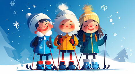 冬季滑雪场玩耍的三个孩子卡通插画 