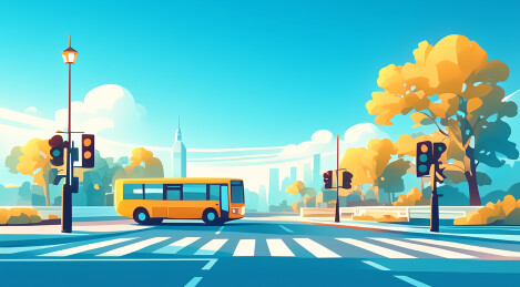 卡通扁平风行驶在路上的校车 