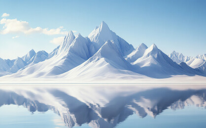 白雪皑皑的群山映衬着碧空的湖景