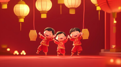 3d风格穿着中式传统服饰手持灯笼的儿童们