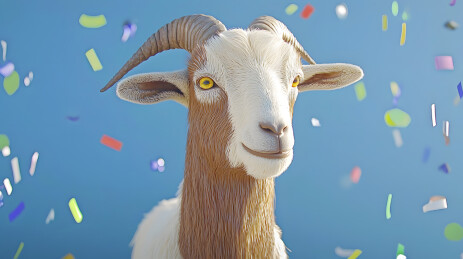 欢快山羊用彩色纸屑庆祝