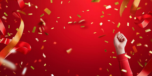 红色背景下喜气中手拿红色丝带庆祝的背景