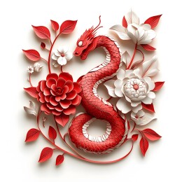 纸雕风格红色龙与白色花卉