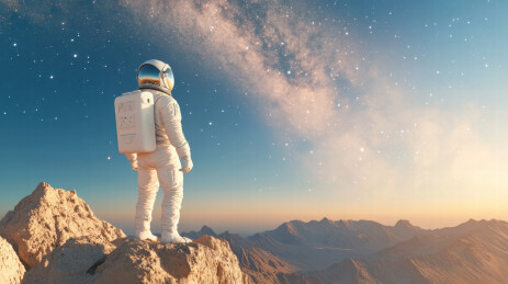 宇航员站在山顶，仰望星空