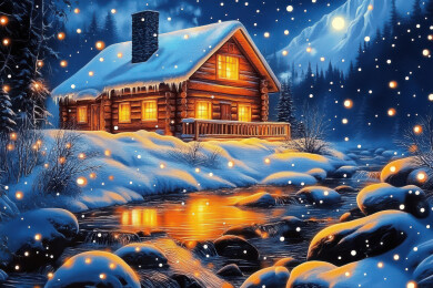 梦幻冬日雪夜下的温馨小街灯光映照宁静雪景