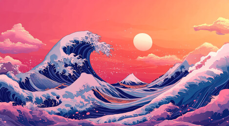 日系太阳海浪浪花插画