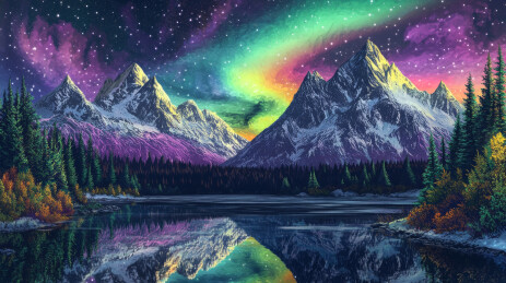 梦幻极光山峰倒影